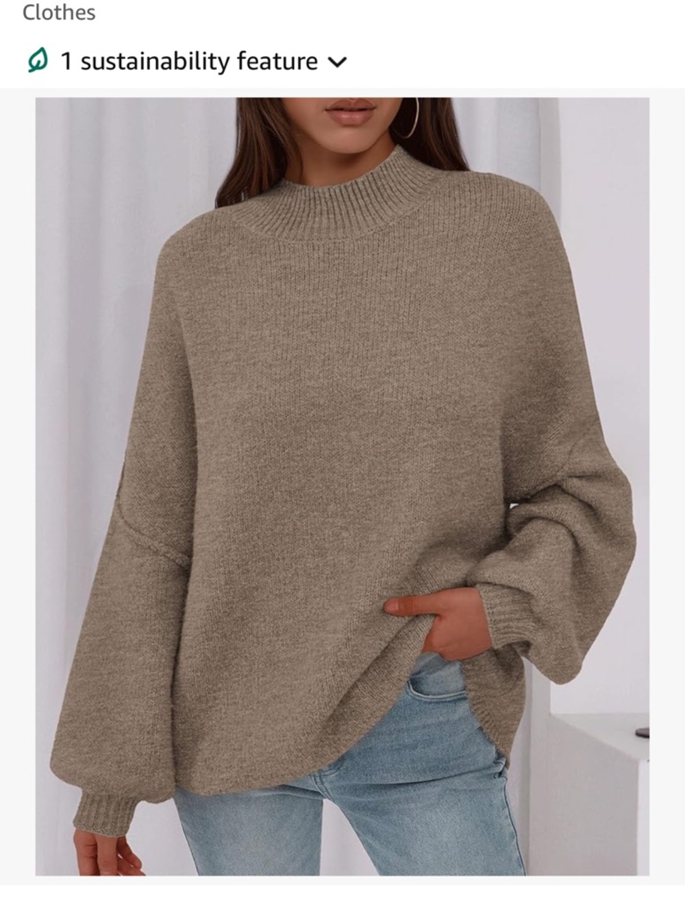 Amazon Taupe Mock Neck Balloon Sleeve Sweater